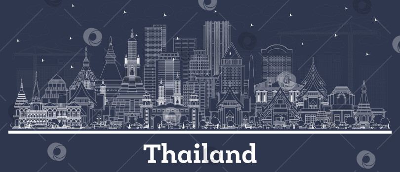 Скачать Обрисуйте городской пейзаж Таиланда с белыми зданиями. Туристическая концепция с исторической архитектурой. Городской пейзаж Таиланда с достопримечательностями. фотосток Ozero