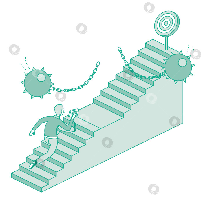 Скачать Человек взбегает по лестнице. Преодолевает препятствия в бизнесе. Барьер на пути к успеху. Изометрическая концепция успеха, срочность и решительность. Бизнесмен поднимается по лестнице успеха. фотосток Ozero