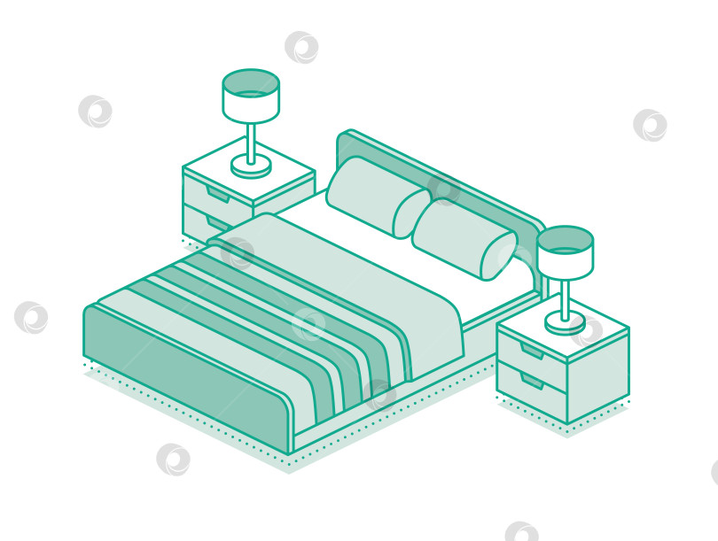 Скачать Изометрическая кровать с одеялом, подушками и двумя прикроватными тумбочками с лампами. Выделите контуры объектов на белом фоне. фотосток Ozero