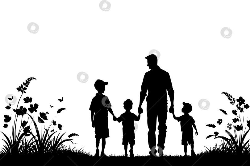 Скачать день отцов. мужчина и трое детей держатся за руки в поле фотосток Ozero