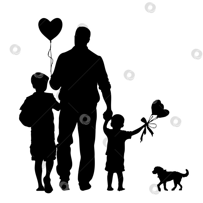 Скачать мужчина, отмечающий день отцов, и двое детей держат в руках воздушные шары и собаку фотосток Ozero