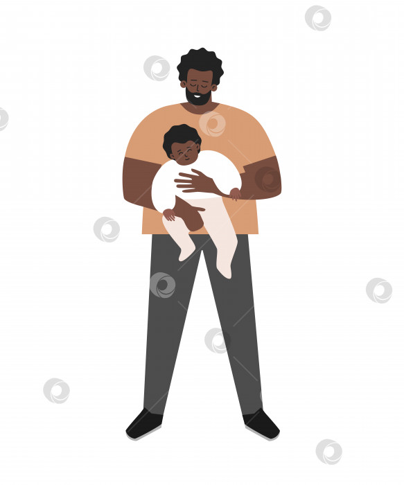 Скачать Векторная изолированная плоская иллюстрация. Афроамериканский отец-одиночка улыбается, держа на руках маленького симпатичного приемного ребенка. Счастливый папа проявляет родительскую любовь и заботу к малышу. Очаровательные семейные отношения фотосток Ozero