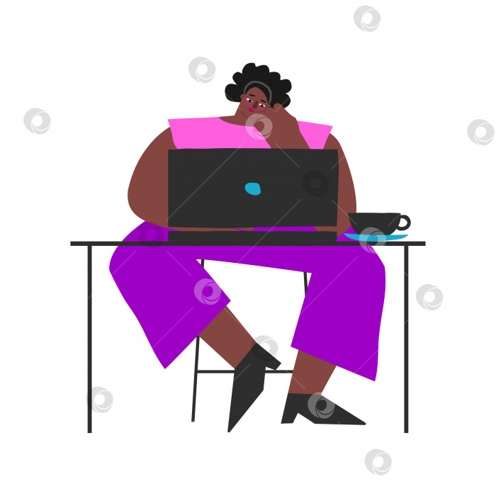Скачать Векторная плоская изолированная иллюстрация. Афроамериканка сидит за столом и работает онлайн на ноутбуке. Образ жизни фрилансера. Даме скучно. Она профессиональный веб-дизайнер и иллюстратор фотосток Ozero