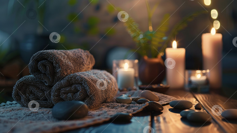 Скачать Пара полотенец лежит на столе рядом с камнями и свечами фотосток Ozero