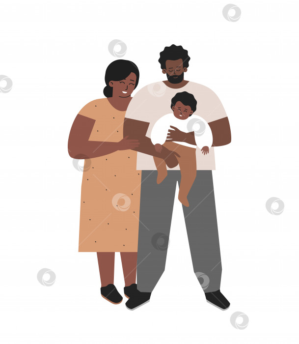 Скачать Векторная изолированная плоская иллюстрация. Приемный отец-афроамериканец держит на руках приемного ребенка. Мать стоит рядом с ними. Счастливая семья проявляет любовь и заботу к новорожденному малышу. Здоровые отношения фотосток Ozero
