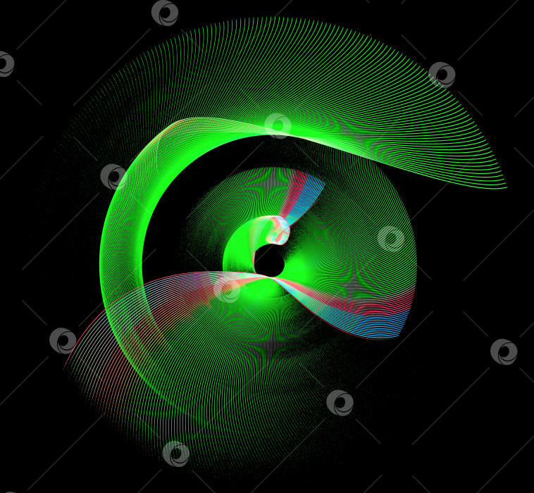 Скачать Зеленый абстрактный пропеллер с цветными вставками и волнистыми лопастями вращается на черном фоне. Иконка, логотип, символ, вывеска. 3D-рендеринг. 3D-иллюстрация. фотосток Ozero