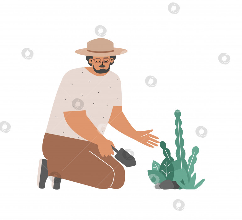 Скачать Векторная плоская изолированная концепция. Кавказский мужчина сажает цветы лопаткой. Улыбающийся фермер ухаживает за зелеными органическими овощами в саду. Счастливые садоводы любят проводить день на природе. Образ жизни эколога фотосток Ozero