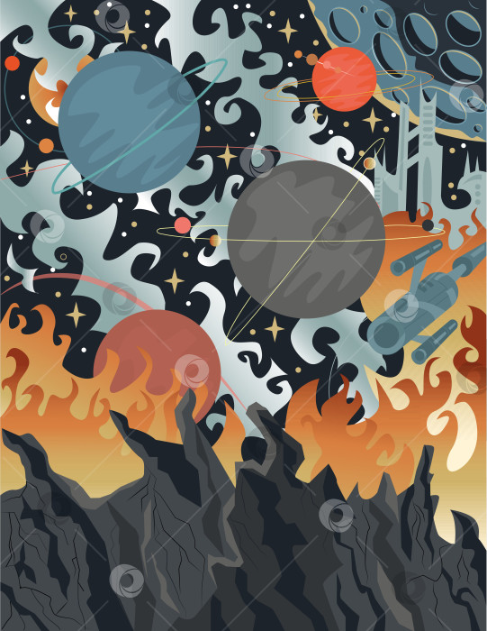Скачать Красочная научно-фантастическая иллюстрация в стиле ретро с космическим пейзажем, чужими планетами и внеземными поверхностями, страницей-раскраской и концепцией мультяшной игры на заднем плане фотосток Ozero