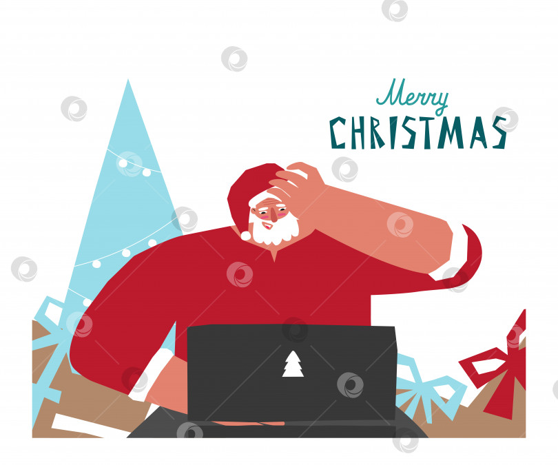 Скачать Векторная концепция с плоским изображением счастливого Санта-Клауса возле подарочных коробок, рождественской елки. Он общается с детьми, используя онлайн-трансляции на своем компьютере. Дистанционное поздравление с зимними праздниками фотосток Ozero
