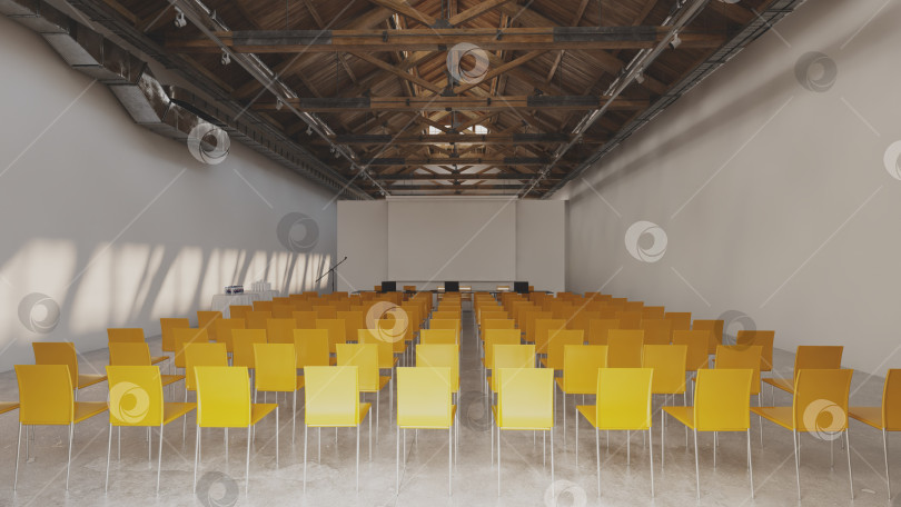 Скачать Симметричные ряды желтых стульев в зале, готовом к торжественному мероприятию фотосток Ozero