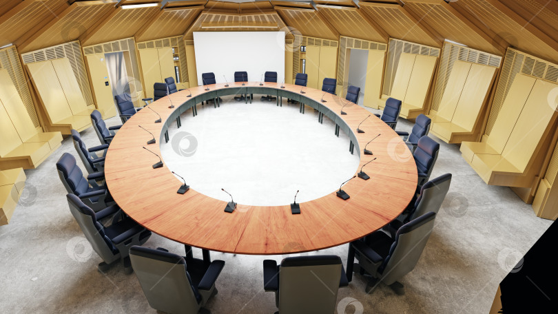 Скачать Круглый стол и стулья для конференц-зала в зале с современным дизайном интерьера фотосток Ozero