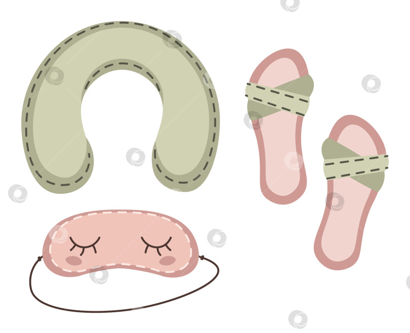 Скачать Набор вещей для комфортной поездки на самолете на изолированном фоне. Подушка для шеи, маска для сна и тапочки. Отпуск, кругосветное путешествие. Нарисовано от руки. Красочный плоский вектор фотосток Ozero