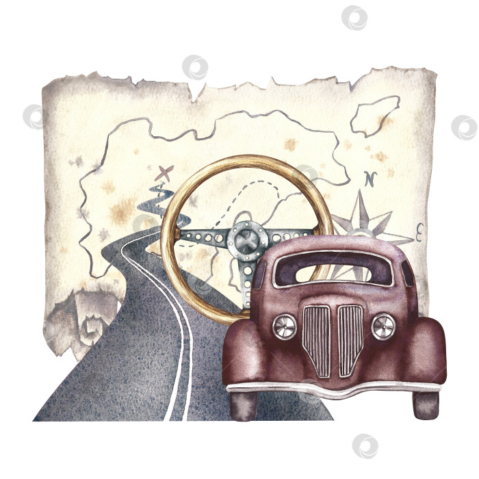 Скачать Старинный ретро-автомобиль, вид спереди. Старинное деревянное рулевое колесо, асфальтированная дорога, изображенная на старинной карте. Акварельная иллюстрация, выполненная вручную. Для баннера, флаера или плаката. Для печати. фотосток Ozero