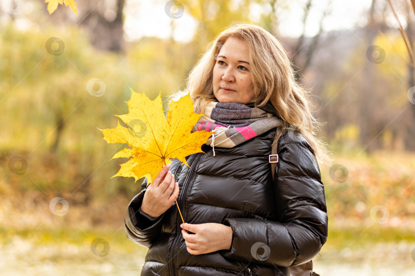Скачать Молодая женщина с желтыми опавшими кленовыми листьями в руках в осеннем парке фотосток Ozero