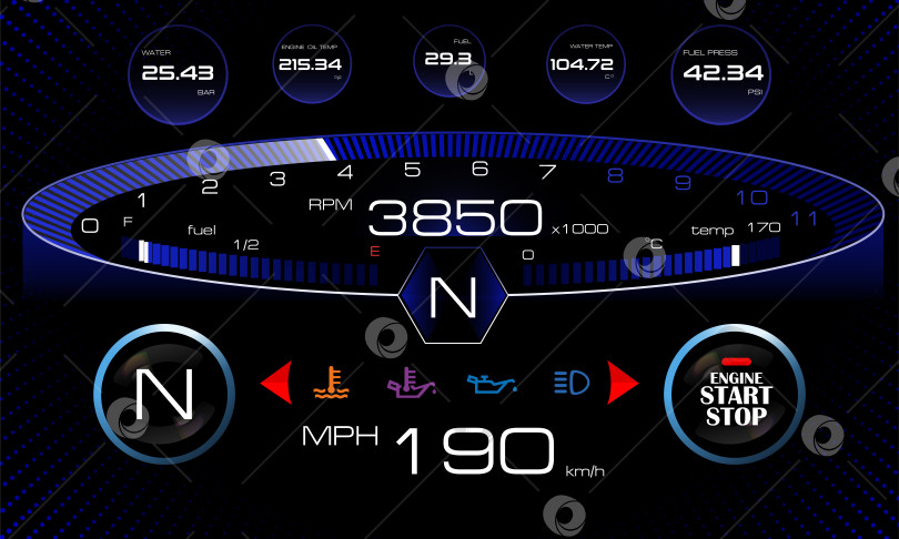 Скачать Дизайн приборной панели автоматического автомобиля со спидометром. Абстрактная технология измерения скорости. фотосток Ozero