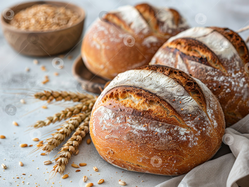 Скачать Три буханки хлеба, посыпанные кунжутом, разложите на деревянной разделочной доске фотосток Ozero