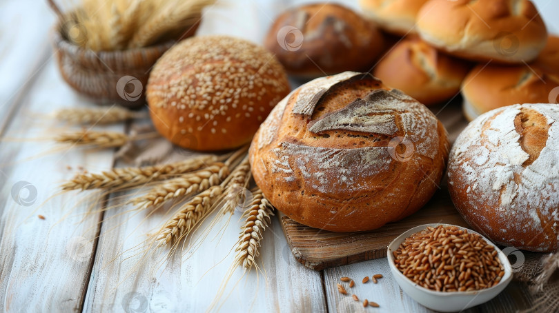 Скачать Три буханки хлеба, посыпанные кунжутом, разложите на деревянной разделочной доске фотосток Ozero