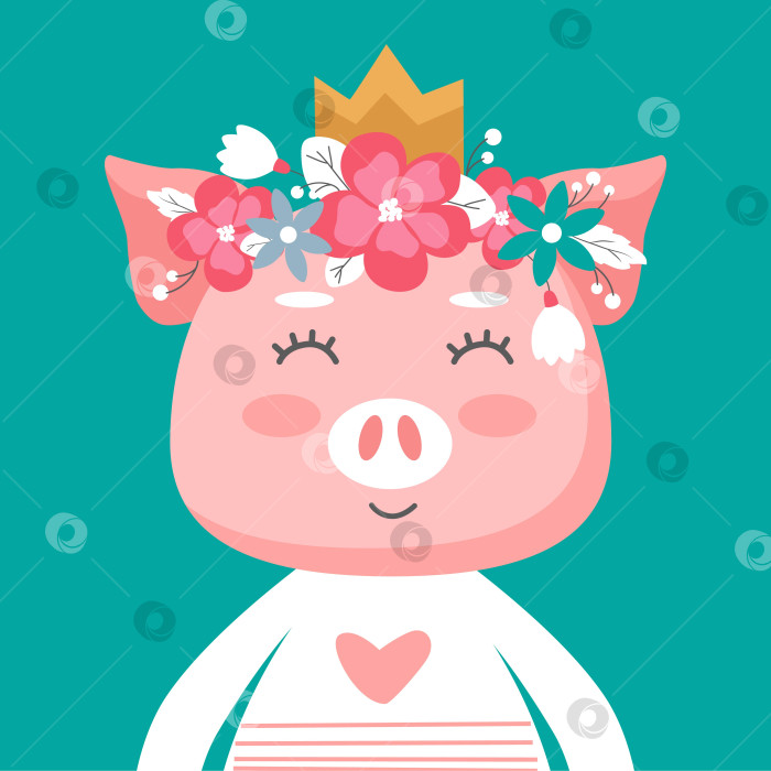 Скачать Милая свинья с цветочной короной. Векторная иллюстрация для оформления детской комнаты, плакатов, поздравительных открыток на день рождения, принтов на футболках. голова животного. фотосток Ozero