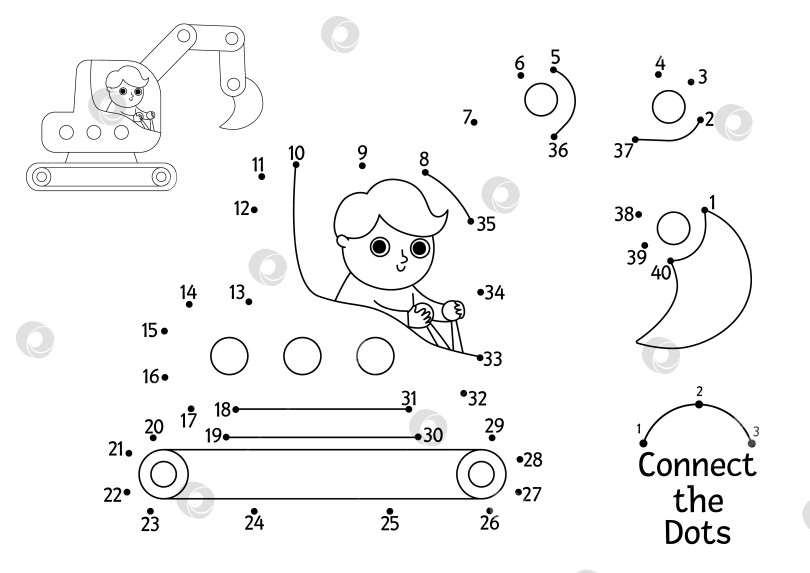 Скачать Векторная схема строительной площадки от точки к точке и раскраска с экскаватором. Игра для детей "Соедини точки линией строительных работ". Рабочий лист или раскраска с промышленным транспортным средством для печати фотосток Ozero