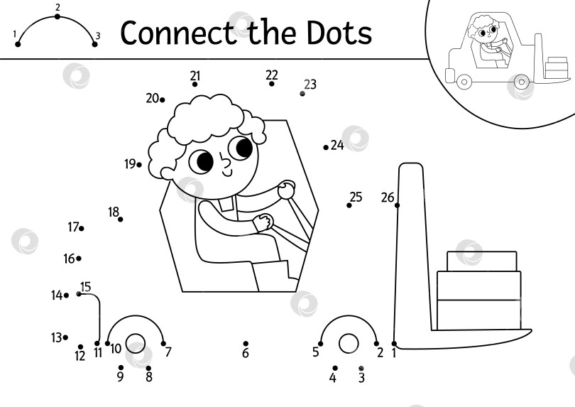 Скачать Векторная схема строительной площадки от точки к точке и раскрашивание с помощью вилочного погрузчика. Игра для детей "Соедини точки линией строительных работ". Рабочий лист или раскраска с промышленным транспортным средством для печати фотосток Ozero