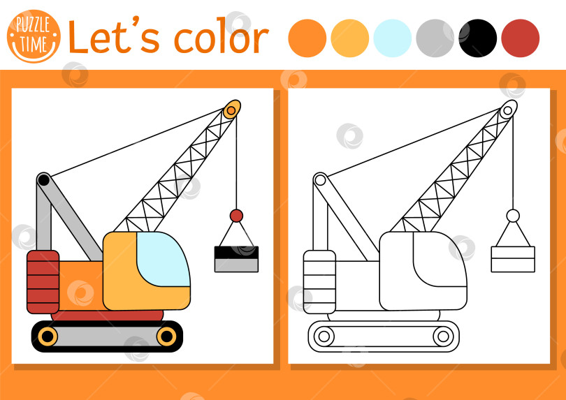 Скачать Раскраска для детей на строительной площадке с изображением гусеничного крана с грузом. Векторная иллюстрация плана ремонтных работ. Раскраска для детей с цветным примером. Рабочий лист для печати "Навыки рисования" фотосток Ozero