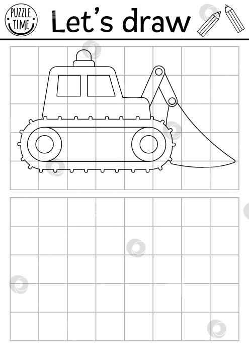 Скачать Нарисуйте бульдозер. Практикум по рисованию векторной строительной площадки с промышленным транспортным средством. Черно-белое занятие для детей. Скопируйте или дополните раскраску с изображением автомобиля фотосток Ozero