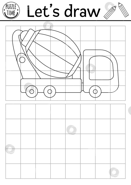 Скачать Нарисуйте бетономешалку. Практический лист для рисования векторной строительной площадки с промышленным транспортным средством. Черно-белое задание для детей. Скопируйте или дополните раскраску с изображением автомобиля фотосток Ozero