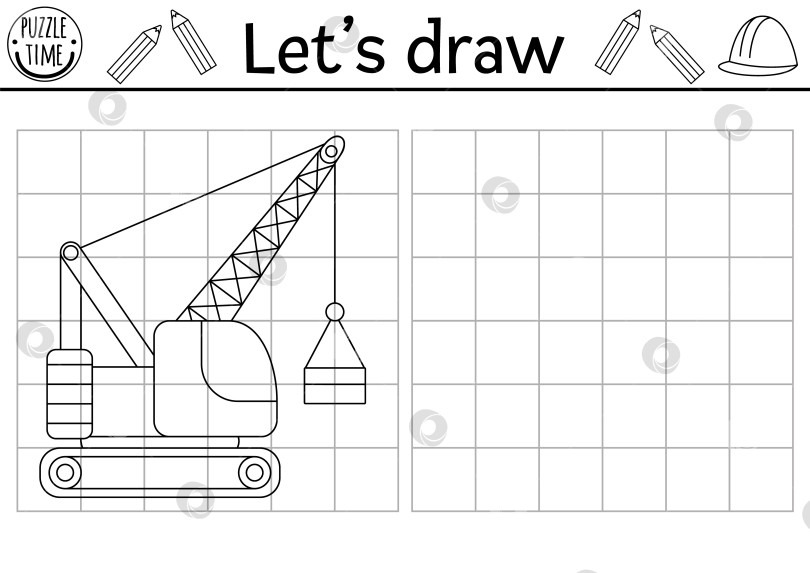 Скачать Нарисуйте гусеничный кран. Практикум по рисованию векторной строительной площадки с промышленным транспортным средством. Черно-белое занятие для детей. Скопируйте или дополните раскраску с изображением автомобиля фотосток Ozero