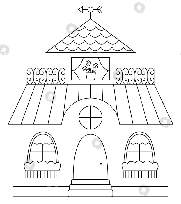 Скачать Векторная черно-белая иконка красивого дома. Иллюстрация линии жилого здания. Милый коттедж с цветами. Раскраска забавного маленького городка с крышей, стенами, ставнями фотосток Ozero