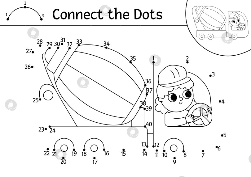 Скачать Векторное изображение строительной площадки от точки к точке и раскрашивание с помощью бетономешалки. Игра для детей "Соедини точки линией строительных работ". Рабочий лист или раскраска с промышленным транспортным средством для печати фотосток Ozero
