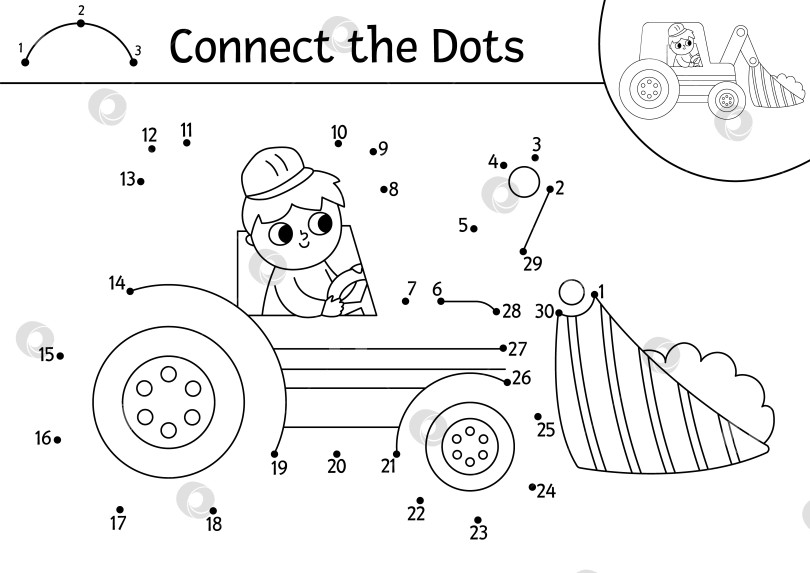 Скачать Векторное изображение строительной площадки от точки к точке и раскрашивание с помощью бульдозера, трактора. Игра для детей "Соедини точки линией строительных работ". Рабочий лист или раскраска с промышленным транспортным средством для печати фотосток Ozero