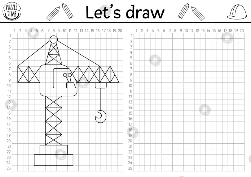 Скачать Нарисуйте подъемный кран. Векторный рабочий лист для рисования строительной площадки с промышленным транспортным средством и сеткой с цифрами. Черно-белое упражнение для детей. Скопируйте картинку-раскраску фотосток Ozero