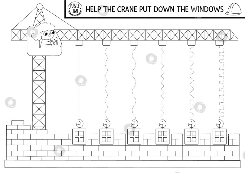 Скачать Векторный рабочий лист для отработки рукописного ввода на строительной площадке. Черно-белое занятие для детей, предназначенное для печати на ремонтных работах. Развивающая игра для развития навыков письма. Раскраска с подъемным краном, опускающим окна фотосток Ozero