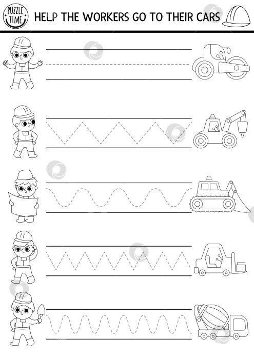 Скачать Векторный рабочий лист для отработки рукописного ввода на строительной площадке. Черно-белая работа по ремонту для детей. Развивающая игра для развития навыков письма. Раскраска с рабочими и их промышленными машинами фотосток Ozero