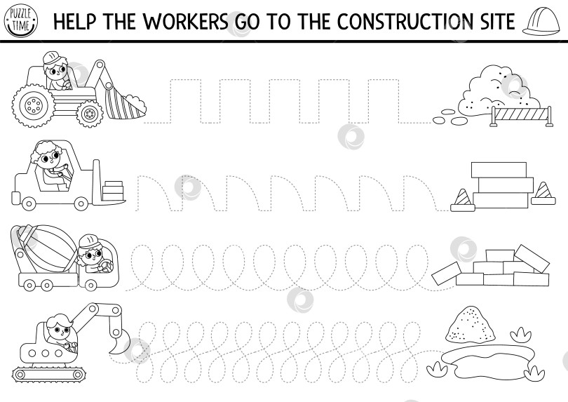 Скачать Векторный рабочий лист для отработки рукописного ввода на строительной площадке. Черно-белая работа по ремонту для детей. Развивающая игра для развития навыков письма. Раскраска с рабочими на промышленных транспортных средствах фотосток Ozero