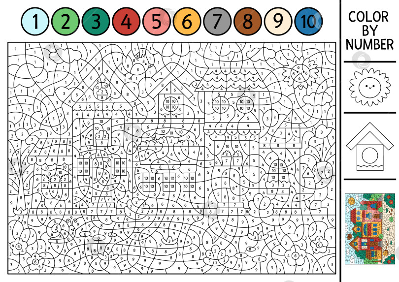 Скачать Векторная раскраска по номерам с городской сценой и красивым домом, окруженным садом. Черно-белая игра в счет с пейзажем маленького городка и специальной техникой. Раскраска для детей фотосток Ozero