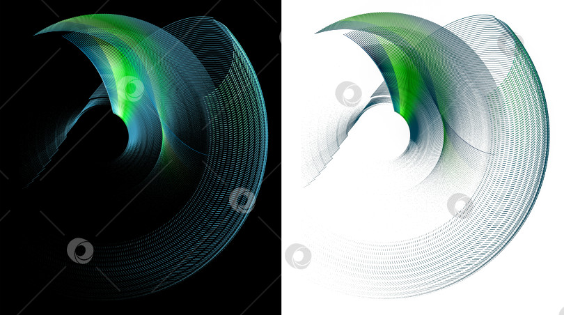 Скачать Сине-зеленые, аквамариновые, прозрачные волнистые слоистые плоскости вращаются вокруг центра на белом и черном фонах. Набор. Иконка, логотип, символ, вывеска. 3D-рендеринг. 3D-иллюстрация. фотосток Ozero