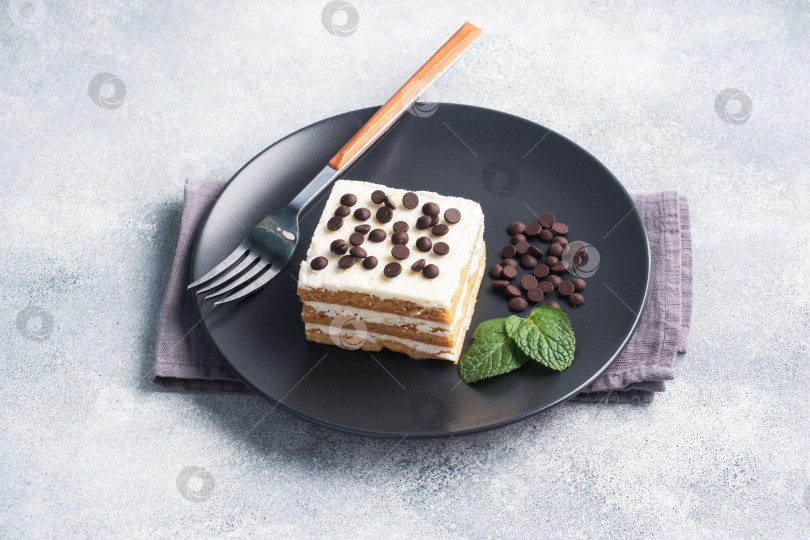Скачать Бисквитный торт со сливочным кремом и кусочками шоколада "мята" на черном блюде. Десерт для праздничного мероприятия или вечеринки по случаю дня рождения. вид сверху, свободное место для копирования. фотосток Ozero