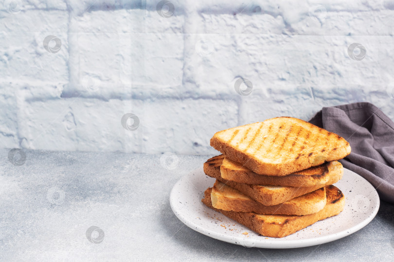 Скачать Поджаренный хлеб с хрустящей корочкой для бутербродов на тарелке на сером бетонном столе. Скопировать через пробел. фотосток Ozero