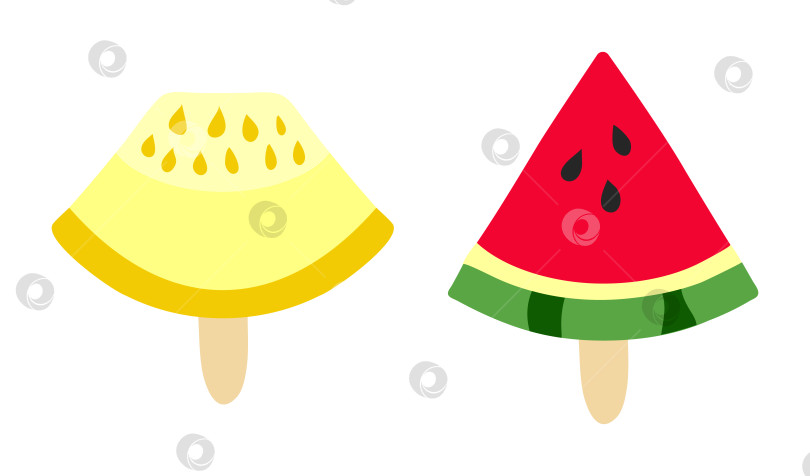 Скачать Мороженое в форме кусочка арбуза или дыни на палочке. Треугольный кусочек летнего фрукта. Болван фотосток Ozero
