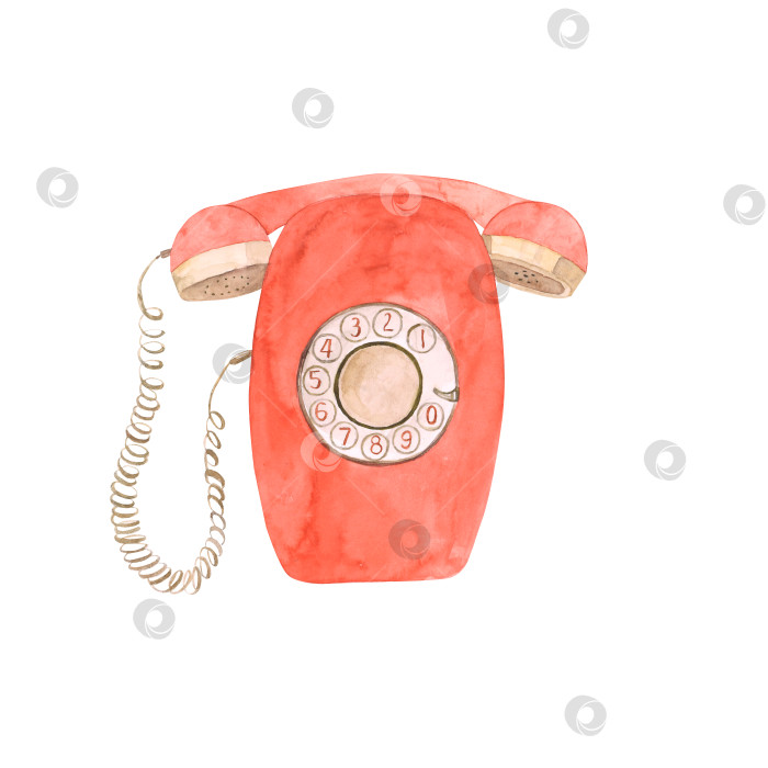 Скачать Красный винтажный телефон с диском, нарисованный вручную акварелью. Ретро-телефон для открыток, печати, упаковки, дизайна, рекламы. фотосток Ozero