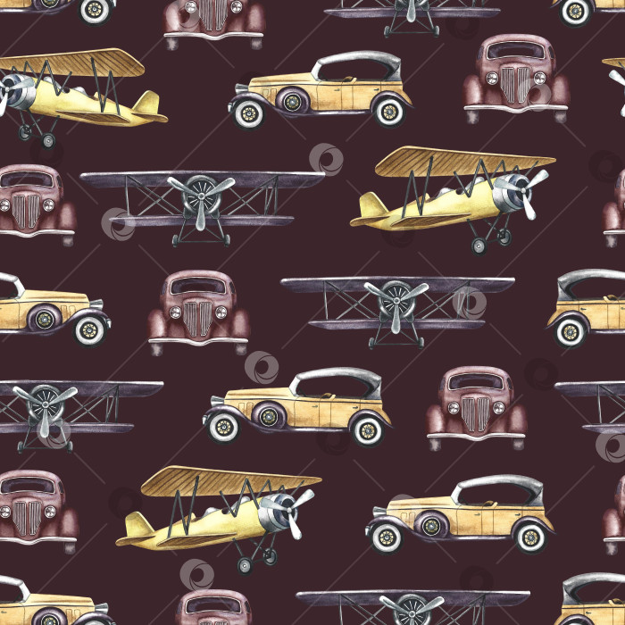 Скачать Бесшовный рисунок с изображением старинных ретро-автомобилей и авиалайнеров. Иллюстрации выполнены вручную акварелью. На темном фоне. Для текстиля, обоев и принтов, упаковки, оберточной бумаги фотосток Ozero