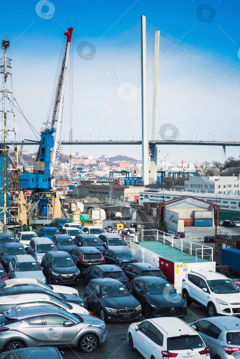 Скачать много новых японских и корейских автомобилей на судне в порту Владивостока для разгрузки у Золотого моста фотосток Ozero
