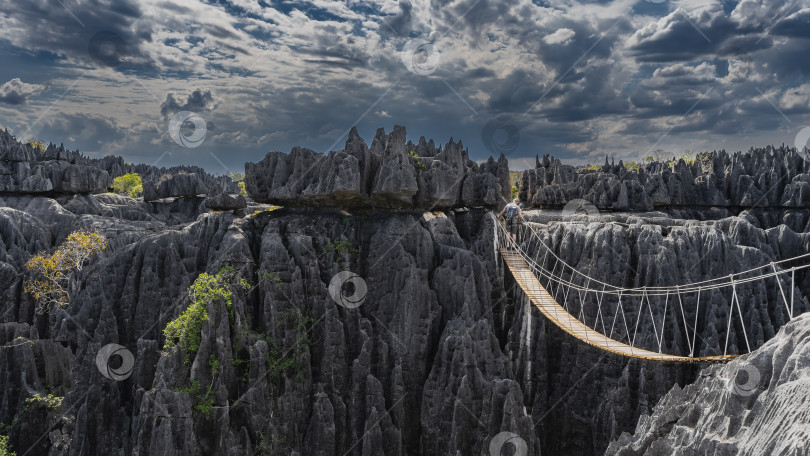 Скачать Над пропастью перекинут подвесной деревянный мост с вантовыми перилами. фотосток Ozero