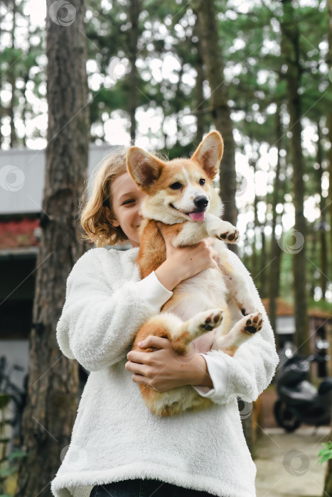 Скачать Маленькая симпатичная девочка держит свою собаку корги в осенний день фотосток Ozero