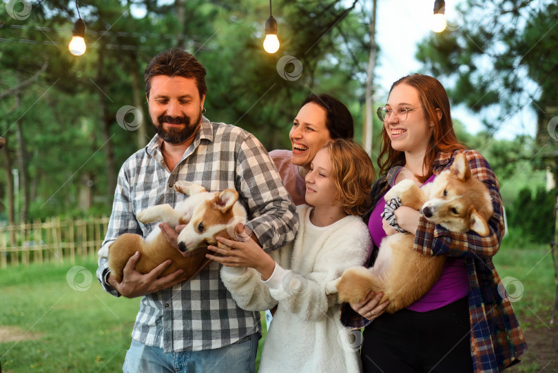 Скачать Члены семьи - отец, мать и две дочери - с собаками породы корги в лесу фотосток Ozero