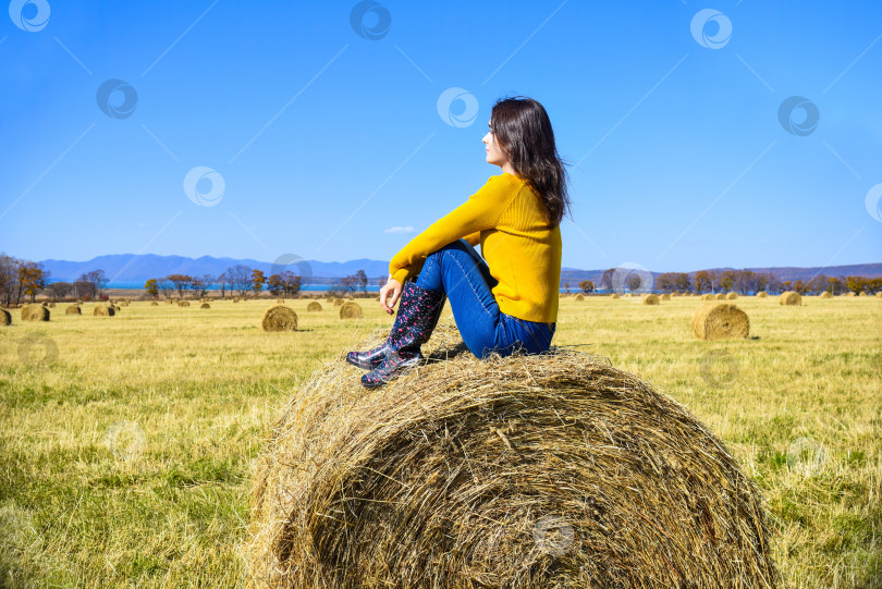 Скачать Молодая брюнетка в желтом свитере и резиновых сапогах сидит на вершине стога сена в поле. она смотрит на горы, Японское море и осенний лес. Приморский край, Россия. Красота природы. фотосток Ozero