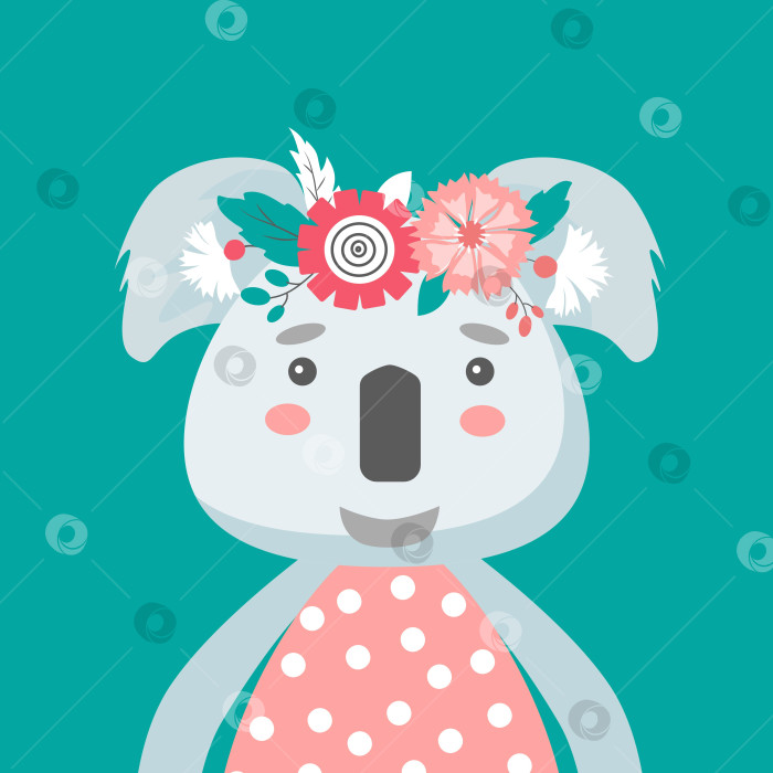 Скачать Симпатичная коала с цветочной короной. Векторная иллюстрация для оформления детской комнаты, плакатов, поздравительных открыток на день рождения, принтов на футболках. голова животного. Векторная иллюстрация фотосток Ozero