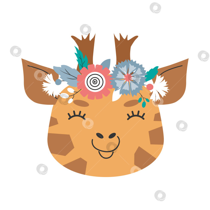 Скачать Голова жирафа в цветочной короне. Симпатичная векторная иллюстрация для детского дизайна, плаката, поздравительных открыток на день рождения. фотосток Ozero
