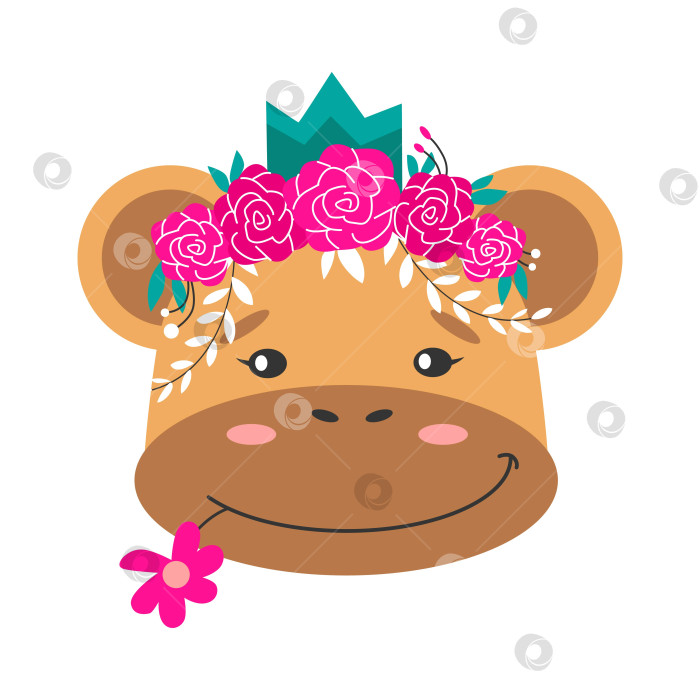 Скачать Голова обезьяны в цветочной короне. Симпатичная векторная иллюстрация для детского дизайна, плаката, поздравительных открыток на день рождения. фотосток Ozero